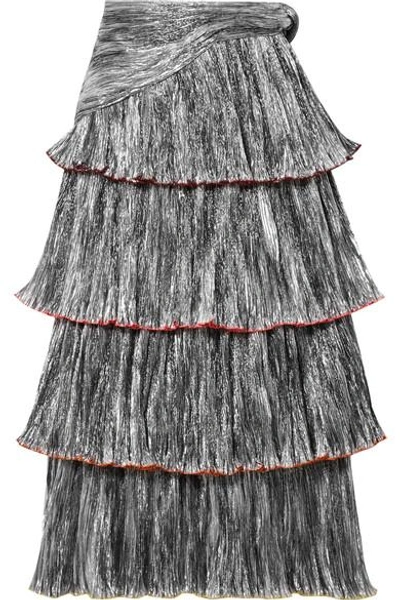 Shop Rosie Assoulin Tiered Plissé-lamé Midi Skirt In Silver