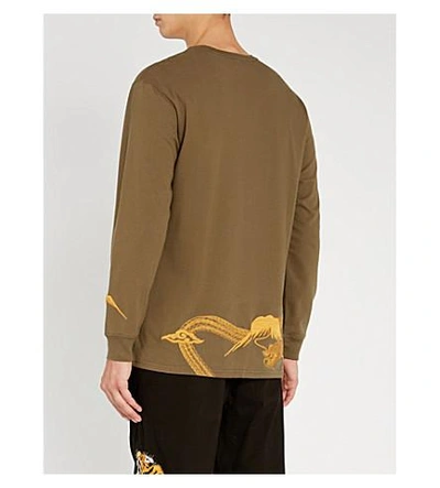 Shop Maharishi Dragon-embroidered Cotton-jersey Top In Olive