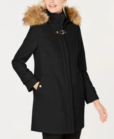 Shop Cole Haan Faux-fur-trim Hooded Coat In Black