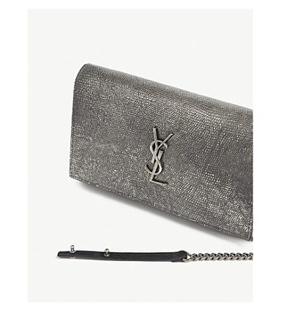 Shop Saint Laurent Monogram Metallic Leather Cross-body Purse In Silver