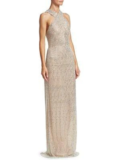 Shop Naeem Khan Beaded Halter Bodycon Gown In Silver