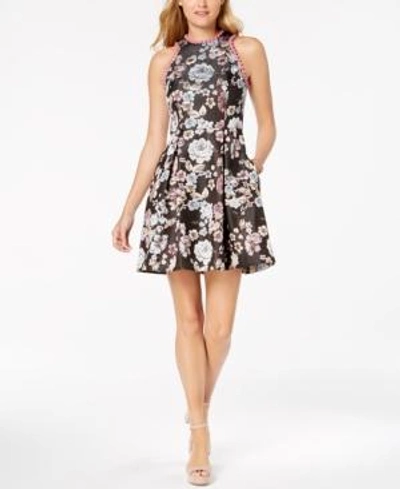 Shop Laundry By Shelli Segal Floral-printed Pom Pom Fit & Flare Dress In Black Multi