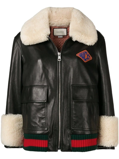 Shop Gucci Logo Patch Bomber In Black/natural/green
