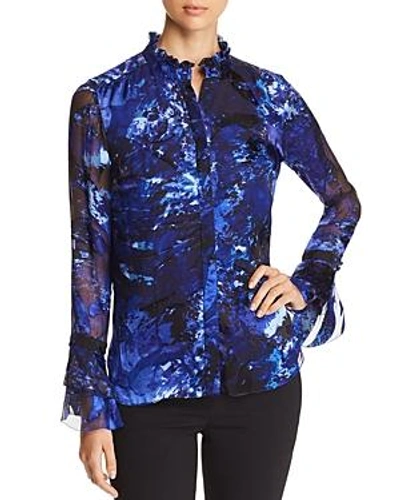 Shop Elie Tahari Teddie Printed Ruffle Neck Blouse In Cobalt/stargazer