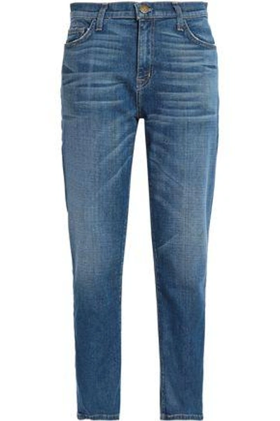 Shop Current Elliott Woman Faded High-rise Straight-leg Jeans Mid Denim