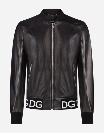 Shop Dolce & Gabbana Leather Jacket With Logo Band In Black