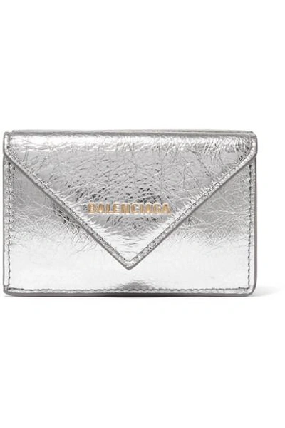 Shop Balenciaga Papier Mini Printed Metallic Textured-leather Wallet In Silver