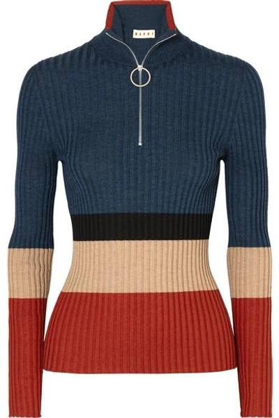 Shop Marni Color-block Ribbed Wool And Silk-blend Sweater In Blue
