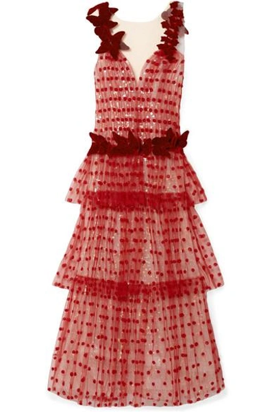 Shop Rodarte Velvet-trimmed Appliquéd Layered Tulle Gown In Red