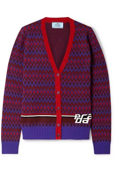 Shop Prada Intarsia Wool And Cashmere-blend Cardigan In Purple