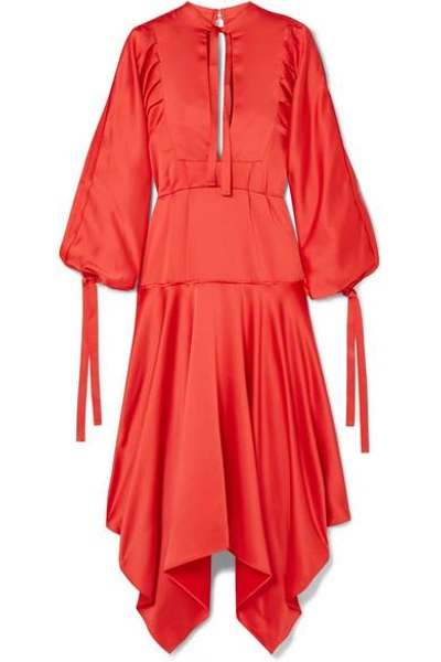 Shop Self-portrait Tie-detailed Asymmetric Satin Midi Dress In Red