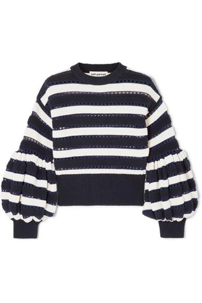 Shop Self-portrait Striped Open-knit Cotton And Wool-blend Sweater In Navy