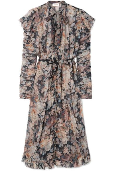 Tempest Frolic Ruffled Floral print Silk georgette Midi Dress In Gray