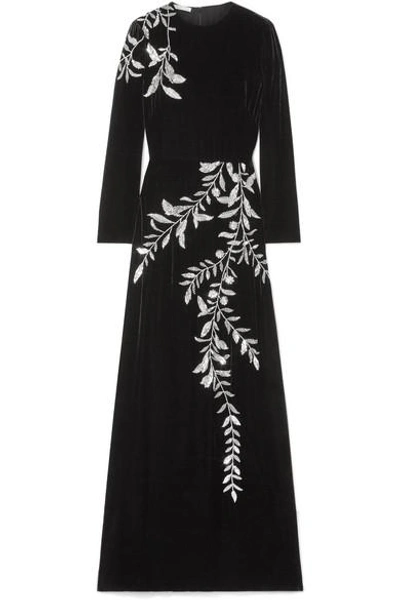 Shop Oscar De La Renta Crystal-embellished Velvet Gown In Black