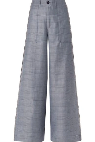 Shop Ganni Crystal-embellished Checked Silk-blend Wide-leg Pants In Blue