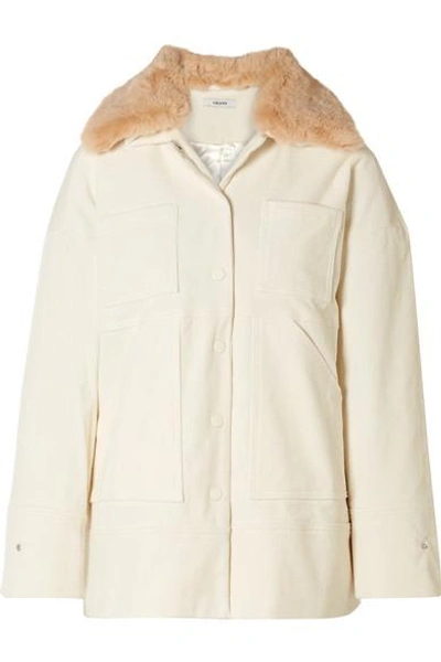 Shop Ganni Faux Fur-trimmed Cotton-blend Corduroy Jacket In Cream