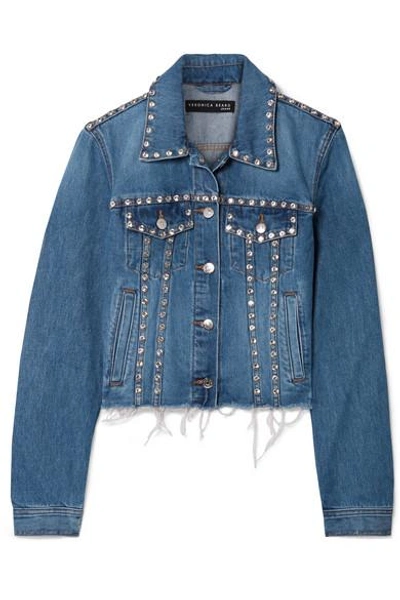 Shop Veronica Beard Cara Cropped Crystal-embellished Frayed Denim Jacket In Light Denim