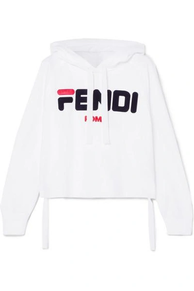 Shop Fendi Embroidered Cotton-jersey Hoodie In White