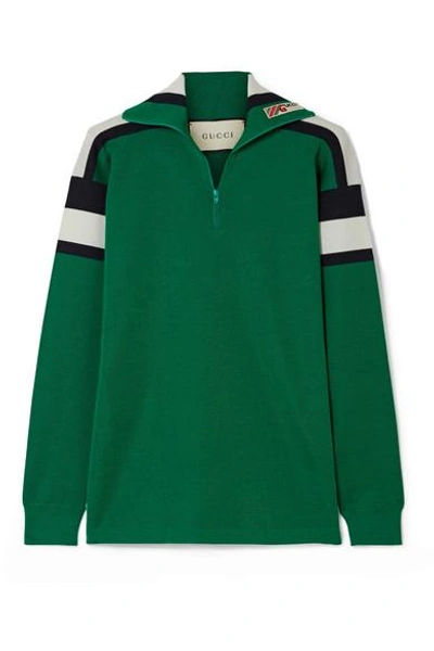 Shop Gucci Embroidered Striped Wool, Silk And Cashmere-blend Sweater In Green