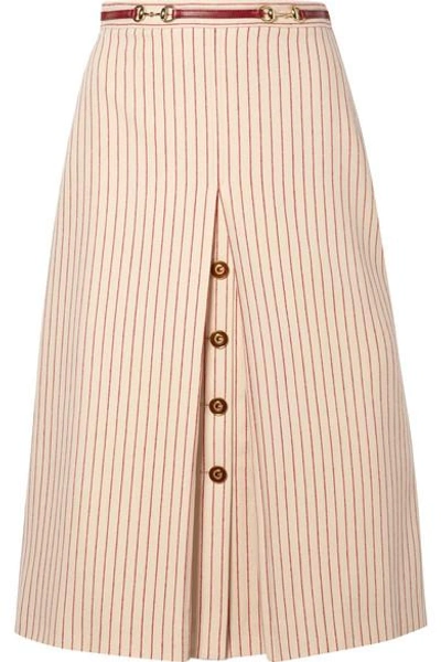 Shop Gucci Leather-trimmed Paneled Pinstriped Wool Midi Skirt