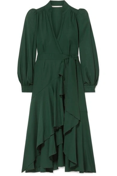 Shop Anna Mason Stella Ruffled Wool-crepe Wrap Dress In Dark Green