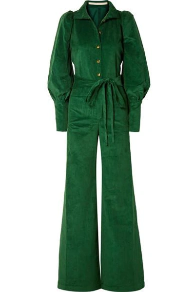 Shop Anna Mason Jane Belted Cotton-corduroy Jumpsuit In Emerald