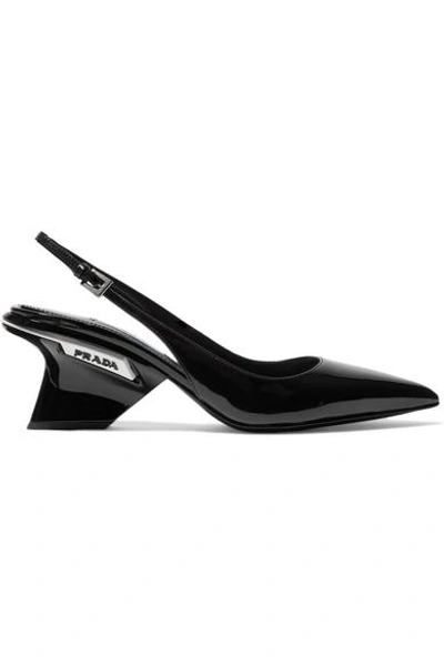 Shop Prada 65 Logo-detailed Patent-leather Slingback Pumps In Black