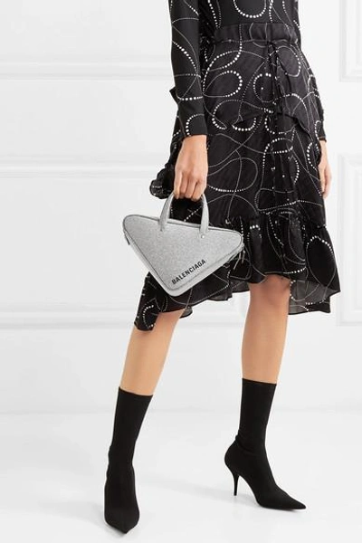 Shop Balenciaga Triangle Duffle Xs Glittered Leather Tote In Silver