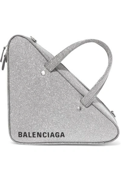 Shop Balenciaga Triangle Duffle Xs Glittered Leather Tote In Silver