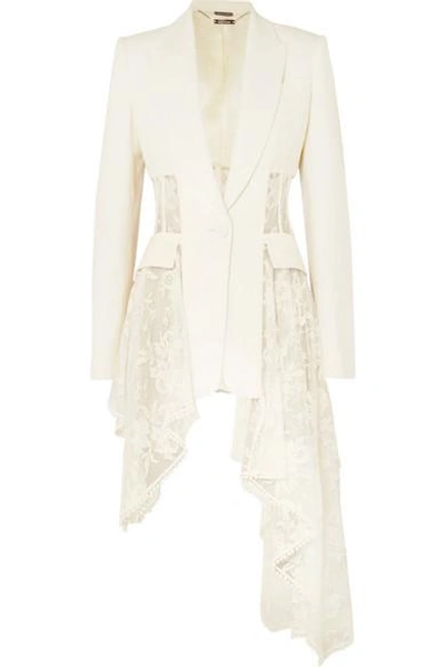 Shop Alexander Mcqueen Asymmetric Wool-blend Crepe And Lace Blazer In Ivory