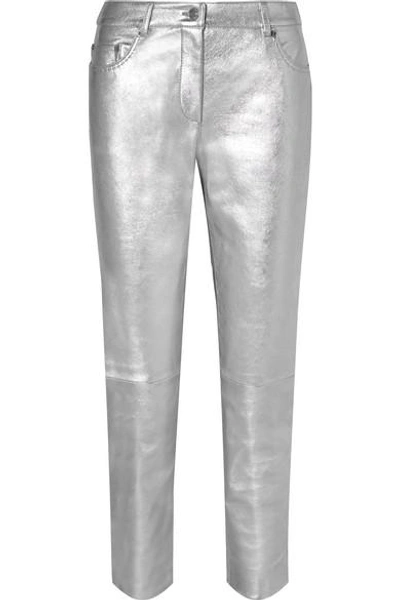 Shop Moschino Metallic Leather Skinny Pants In Silver