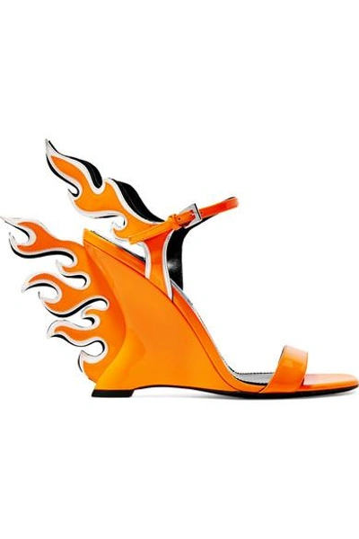 Shop Prada 110 Neon Patent-leather Wedge Sandals In Bright Orange