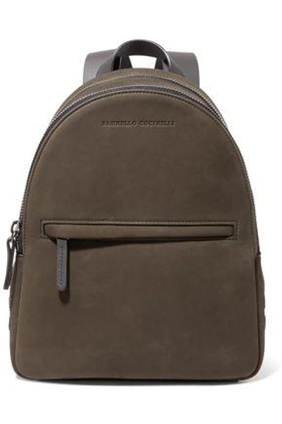 Shop Brunello Cucinelli Woman Leather-trimmed Bead-embellished Suede Backpack Army Green