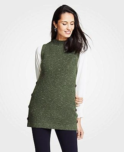 Shop Ann Taylor Petite Ribbed Mock Neck Sleeveless Tunic Sweater In Olive Khaki