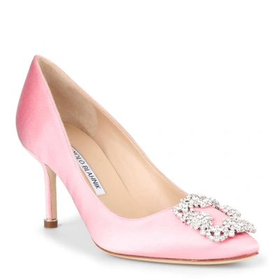 Shop Manolo Blahnik Hangisi 70 Light Pink Satin Pumps