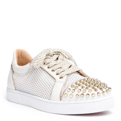 Shop Christian Louboutin Vieira Light Gold Leather Spike Sneakers In White