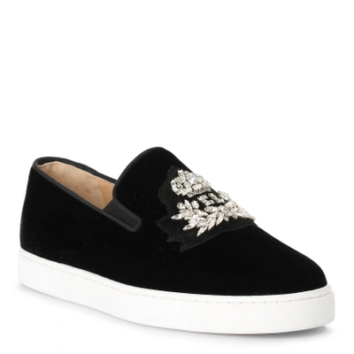 Shop Christian Louboutin Logo Boat Black Velvet Sneakers