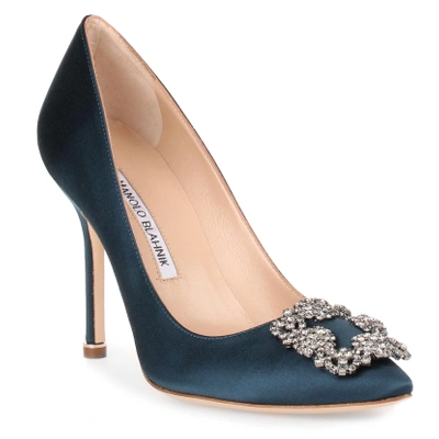 Shop Manolo Blahnik Hangisi 105 Teal Satin Pump In Blue