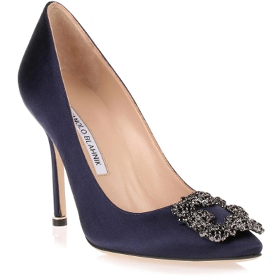 Shop Manolo Blahnik Hangisi 105 Navy Satin Pump In Blue