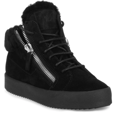 Shop Giuseppe Zanotti Kriss Black Suede Shearling Sneaker