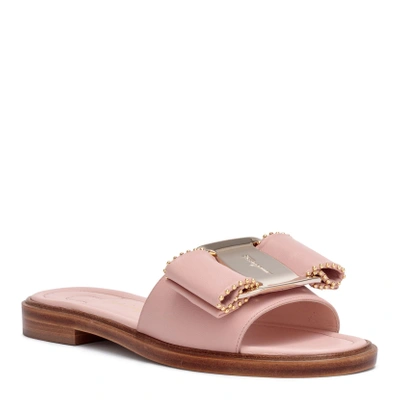 Shop Ferragamo Isera Pink Leather Studded Bow Slide Sandals