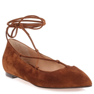 Shop Gianvito Rossi Brown Suede Lace Up Femi' Flat