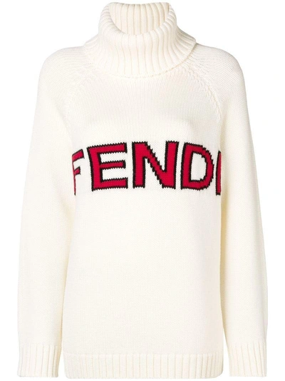 Shop Fendi Intarsia Logo Knitted Sweater - White