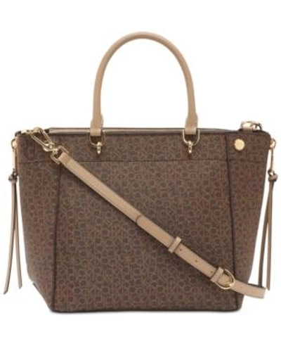 Shop Calvin Klein Susan Signature Satchel In Brown Khaki/porcini/gold