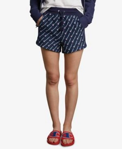 Shop Champion Reverse-weave High-waist Shorts In Diagonal Logo Indigo