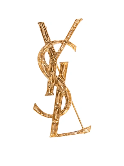 Shop Saint Laurent Opyum Ysl Crocodile Brooch In Gold In Oro