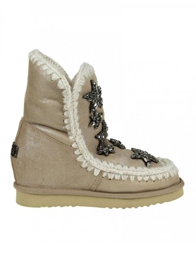 Shop Mou Sneakers "inner Wedge" Beige Leather With Decoration Crystal Appli In Stone