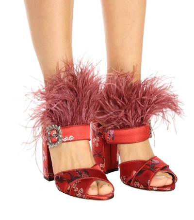 Shop Tabitha Simmons X Johanna Ortiz Reyner Feather-trimmed Sandals In Red