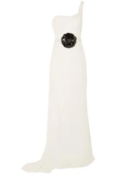 Shop Oscar De La Renta One-shoulder Embellished Velvet Gown In White