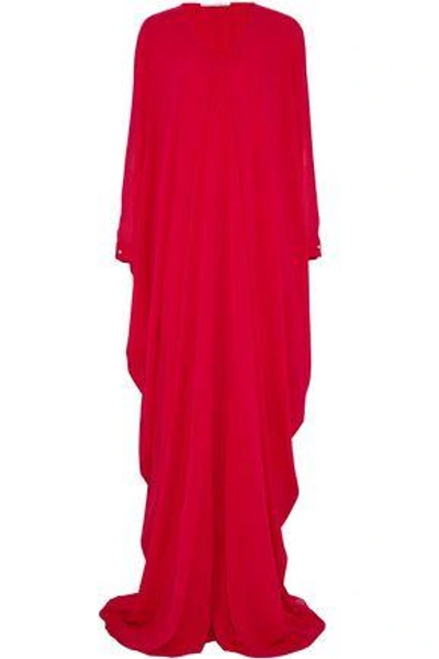 Shop Oscar De La Renta Woman Draped Printed Silk-chiffon Gown Red